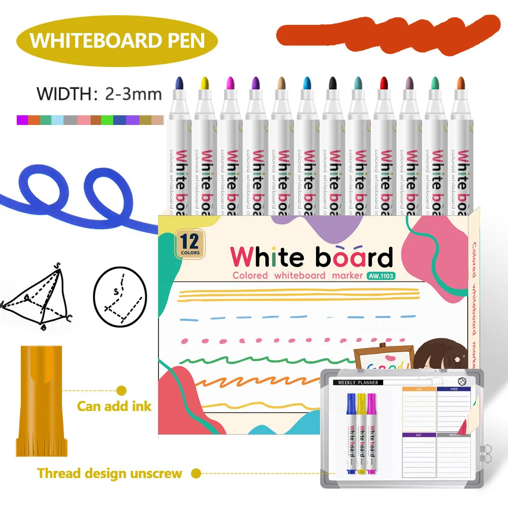 12 Color Erasable Whiteboard, Large Capacity Erasable Marker, Teaching Specific Drawing Board Pen, Easy To Write And Wipe Water