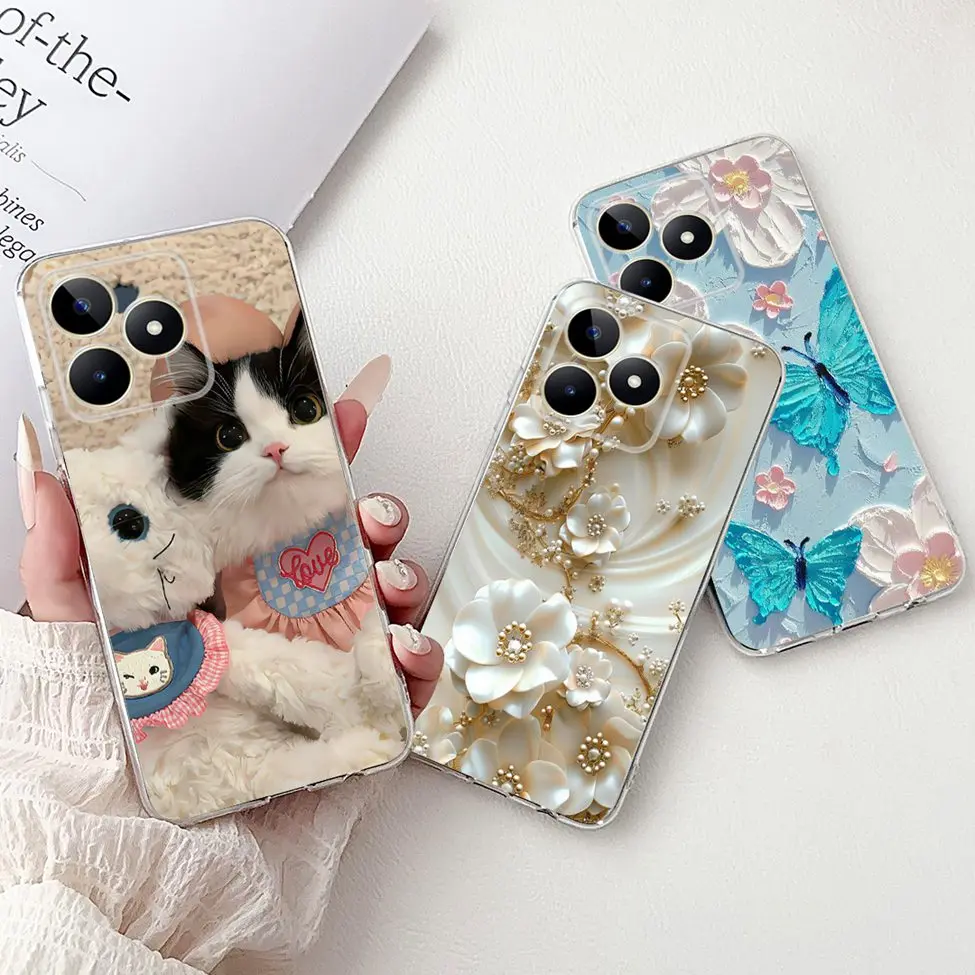 Clear Cute Cat & Butterfly Design Phone Case with Flower Accents - Stylish Protective Back Cover