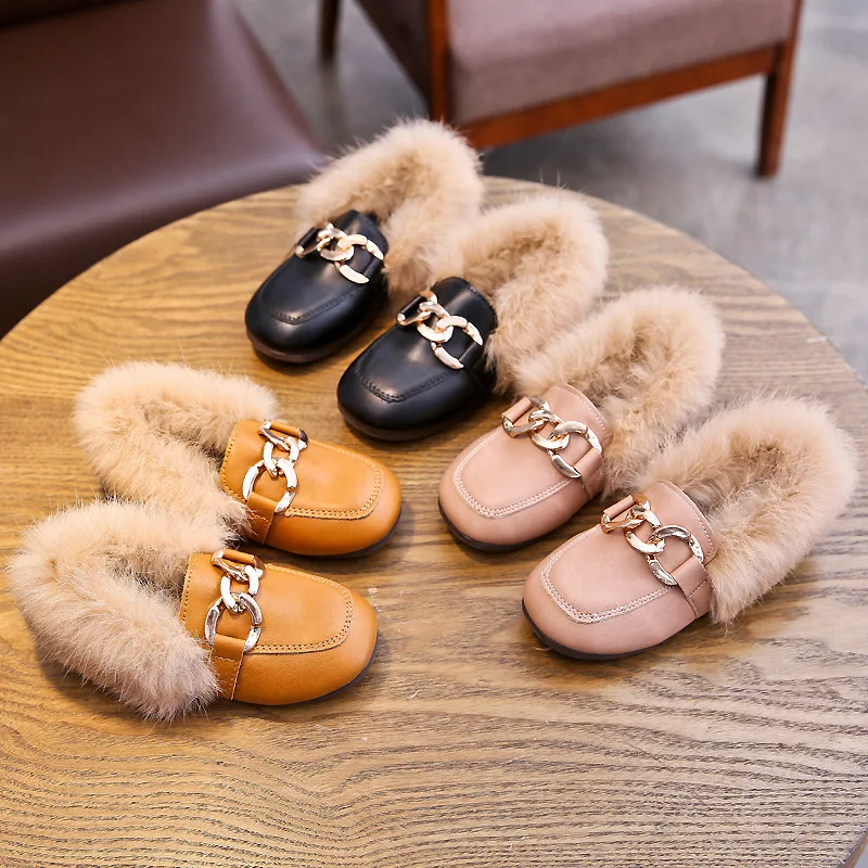 JGSHOWKITO Kids Leather Shoes Autumn Winter Girls Flats With Thick Cotton Warm Children Boy Black Loafers Fashion Hairy Fur