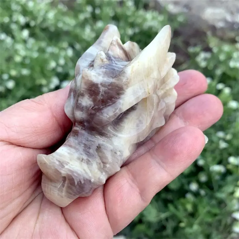 

High Quality Moon Stone Crystal Handmade Carved Dragon Head Skull Polished Animal Powerful Statue Room Decor