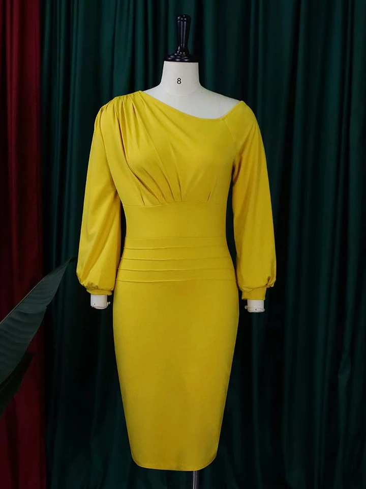 Classy Modest New Midi Dress Green Long Lantern Sleeves