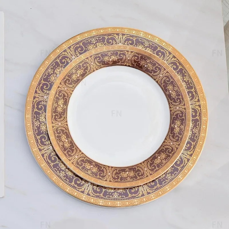 

European Style Embossed Gold Edged Ceramic Dining Plates, Kitchen Utensils, Dish Plates, Stamps, High-end Creative Tableware