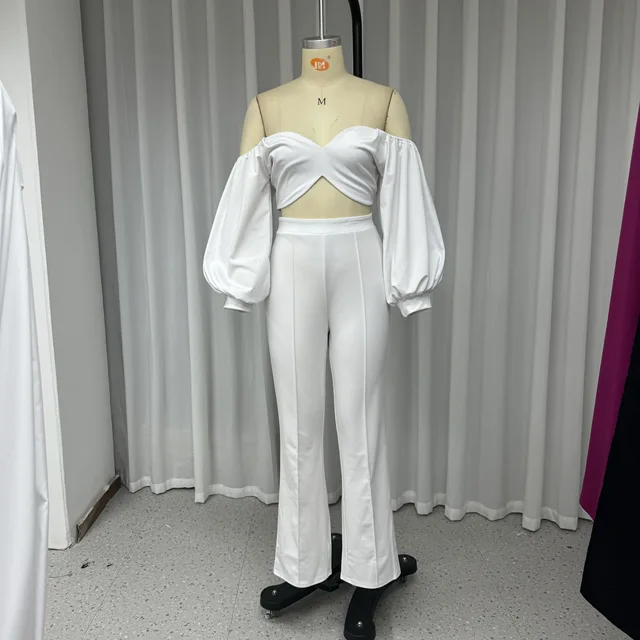Wefads-Conjunto de dos piezas con hombros descubiertos para mujer, Top corto con espalda descubierta, pantalones ajustados sueltos, color liso, moda de verano
