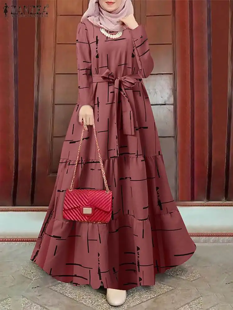 무슬림세트 ZANZEA 여성용 원피스 무슬림 패션 긴팔 프린트 벨트 드레스, 카프탄 베스티도스 스트리트웨어, 2024 용수철 가을 무슬림세트 ZANZEA 여성용 원피스 무슬림 패션 긴팔 프린트 벨트 드레스, 카프탄 베스티도스 스트리트웨어, 2024 용수철 가을