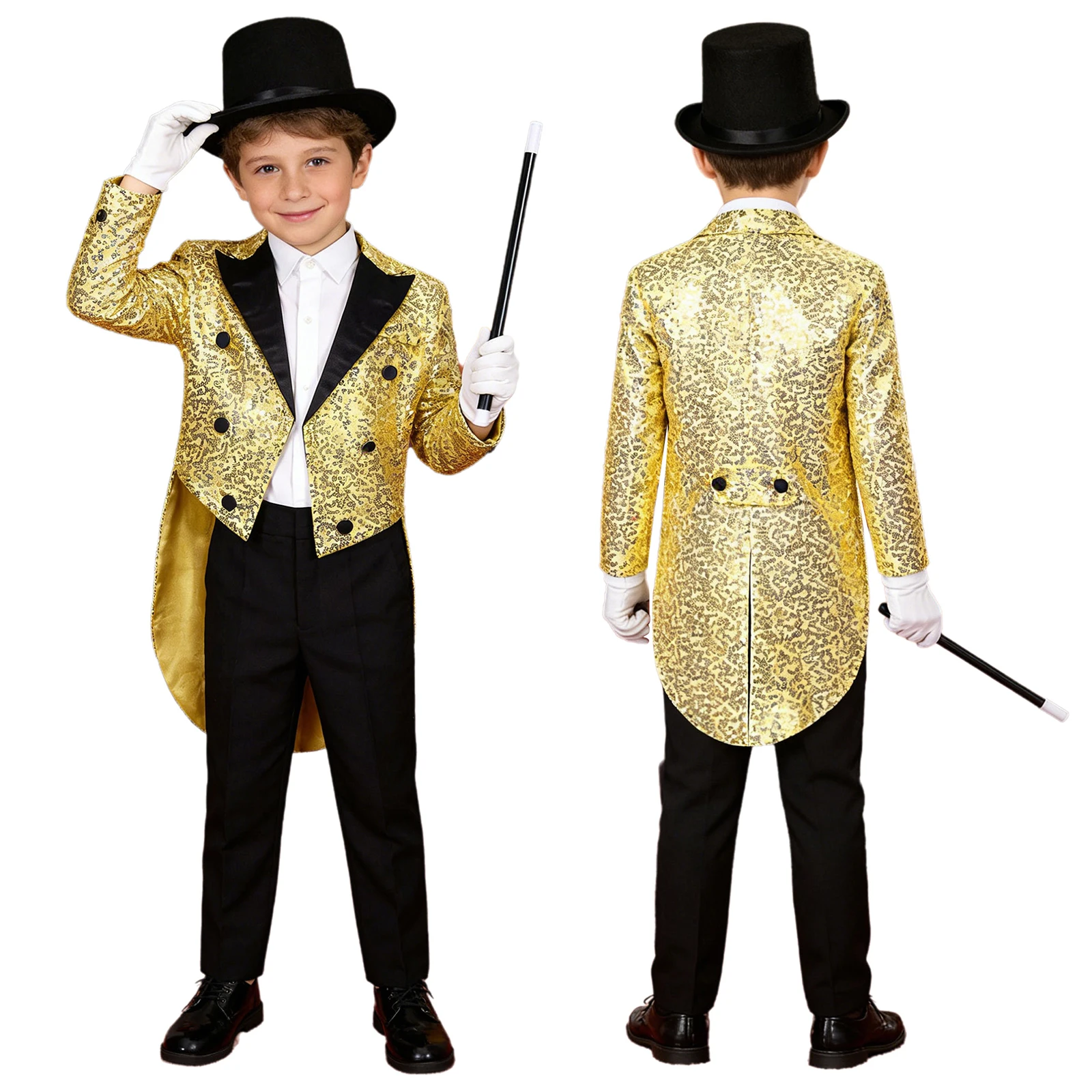 Kinder Jungen Pailletten Blazer Smoking Mantel Zirkus Magie Shows Cosplay Leistung Kostüm Hochzeit Geburtstag Party Jazz Dance Frack – Detail 3