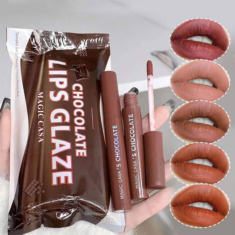 5Pcs/set Chocolate Lip Gloss Waterproof Lasting Non Sticky Lip Glaze Silky Smooth Nude Red Liquid Lipstick Makeup Cosmetics