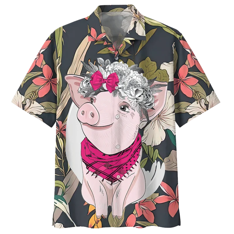 Cartoon Pig Pattern Hawaiian Shirt For Men 3D Printed Animals Short Sleeves Summer Lapel Oversized Shirts Street Button Blouses 3