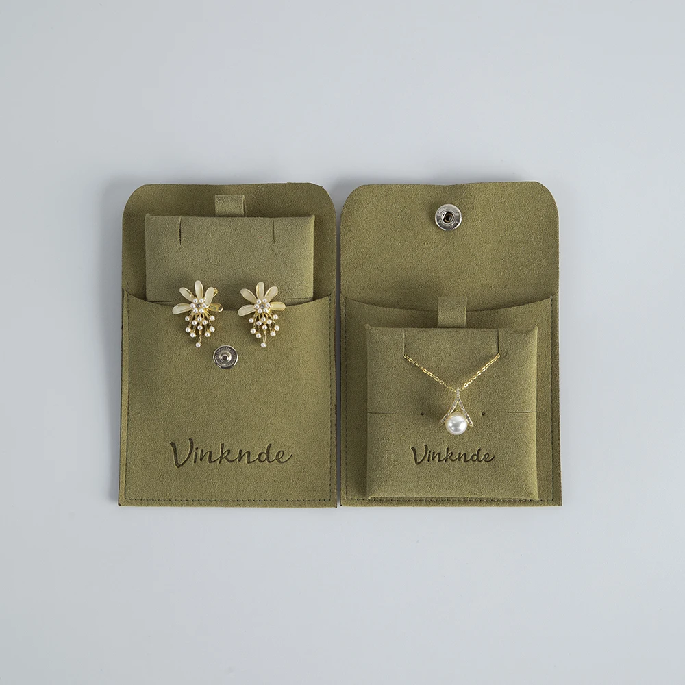 Custom Logo Snap Button Suede Jewelry Packaging Earring Gift Pouch with Insert Pad Cards Microfiber Necklace Ring Organizer Bags