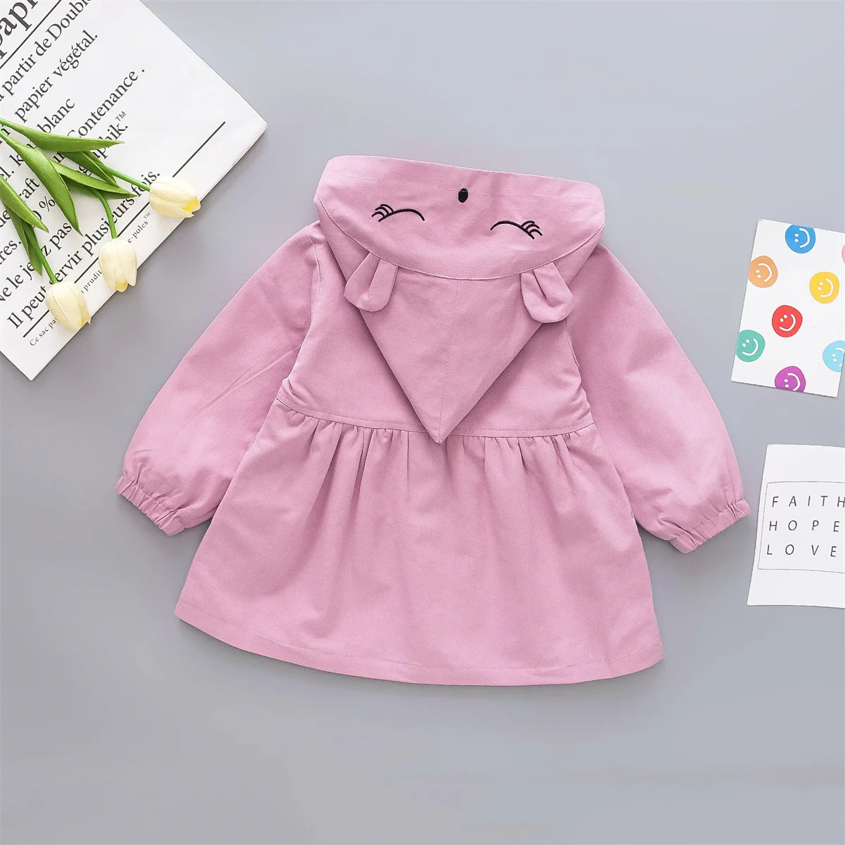 0-3 Year Old Girl Spring And Autumn Cute Hooded Coat Baby Single Breasted Hat Embroidered Cartoon Windbreaker for baby jacket,baby coat,children jacket