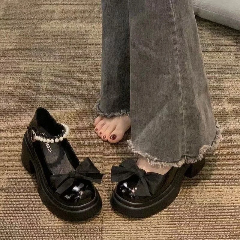 Round Toe Kawaii Lolita Shoes Woman Casual Elegant Pure Color Bow Pumps Non-slip Korean Style Medium Heel Shoes Chic Summer 2023 2