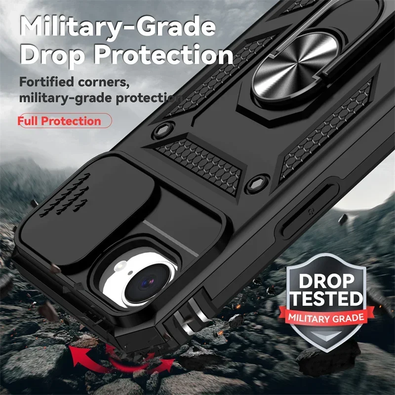 Premium Shockproof Armor Case with Slide Lens Protection and Ring Holder