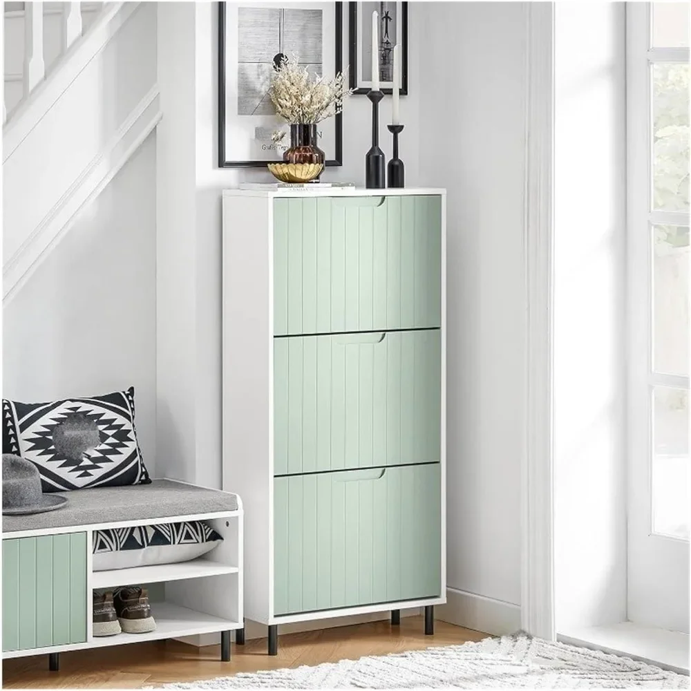 Green Shoe Cabinet with 3 Flip-Drawers，Freestanding Shoe Rack，Storage，Shoe Organiazer for Entrance Hall 3