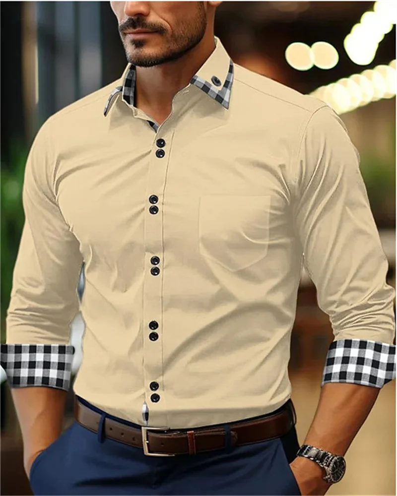 

Men's shirt button-up shirt black white pink burgundy long sleeve plaid color block lapel patchwork clothing fashion casual 6XL