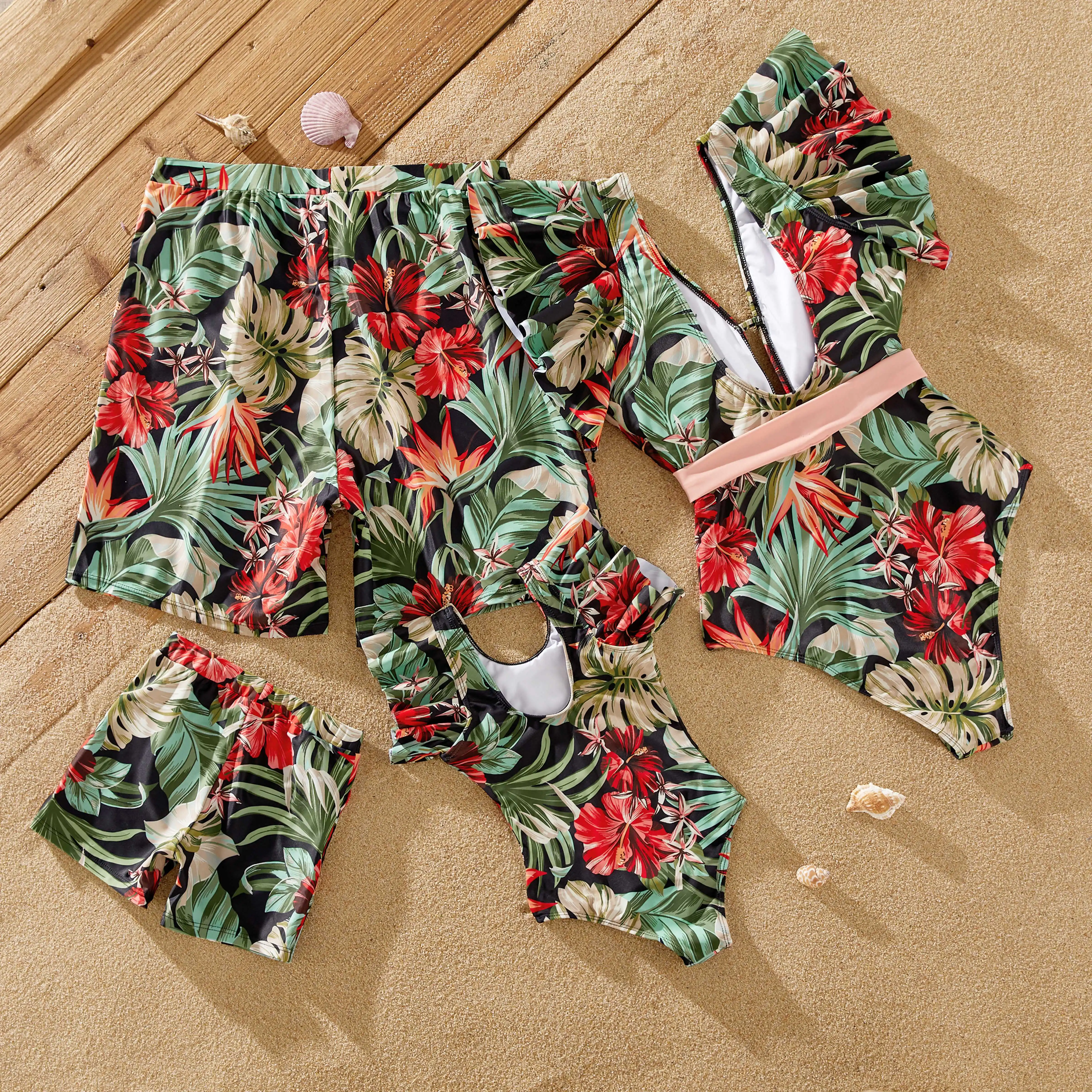 

PatPat Family Matching Swimsuit Allover Floral Print Swim Trunks Shorts and Ruffle Belted One-Piece Swimsuits Woman 2023