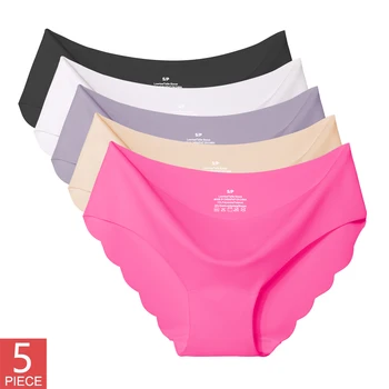 5PCS Women's Summer Ultra-Thin Ice Silk Underwear Seamless Comfort Large Size Briefs Solid Color Wave Underpants Female Lingere 1