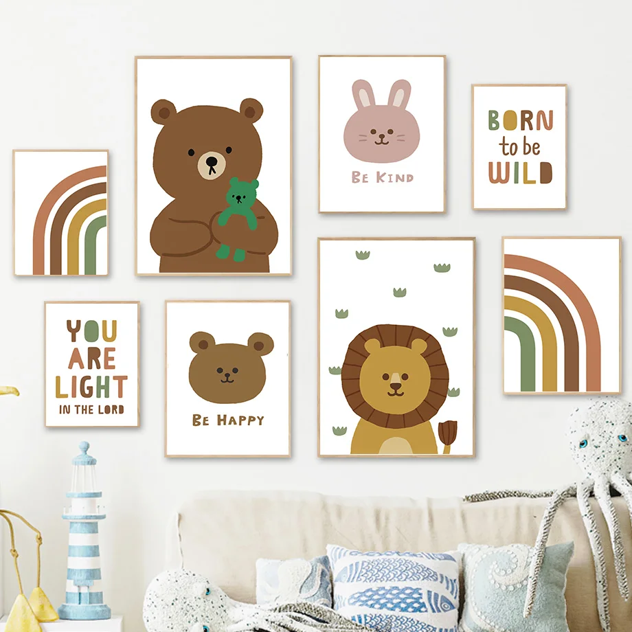 

Детский настенный плакат с изображением Льва медведя кролика лисы радуги солнца ребенка Картина на холсте скандинавские плакаты и принты настенные картины декор детской комнаты