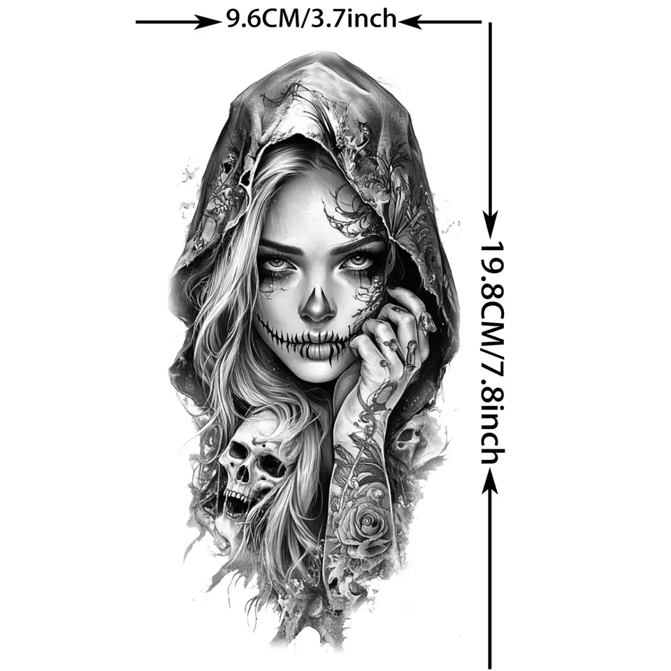 1 hoja impermeable mujeres cara tatuajes temporales realista bruja malvada  chica con calavera tatuaje falso pegatina brazo pierna arte corporal  tatuajes - AliExpress, image size:960x960