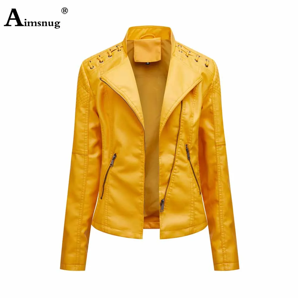 Yellow Red Faux Pu Leather Jackets 2025 Spring Autumn Fashion Zip up Top Outerwear Lady Basic Coats Plus Size Female Jackets New