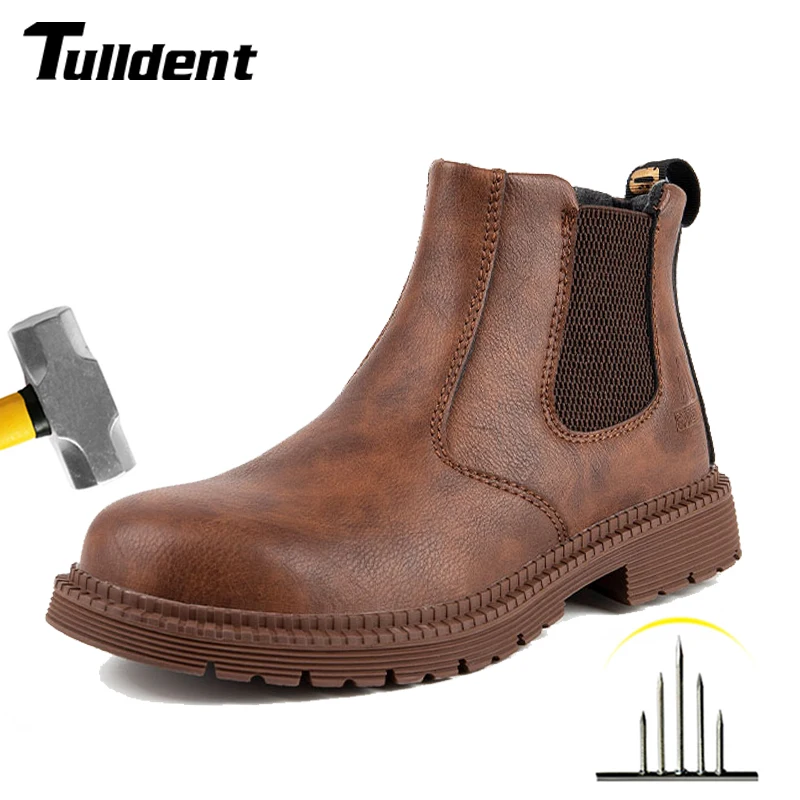 

Водонепроницаемые защитные рабочие ботинки для мужчин, кожаные ботинки челси со стальной головкой, мужская обувь, неразрушаемые строительные защитные ботинки