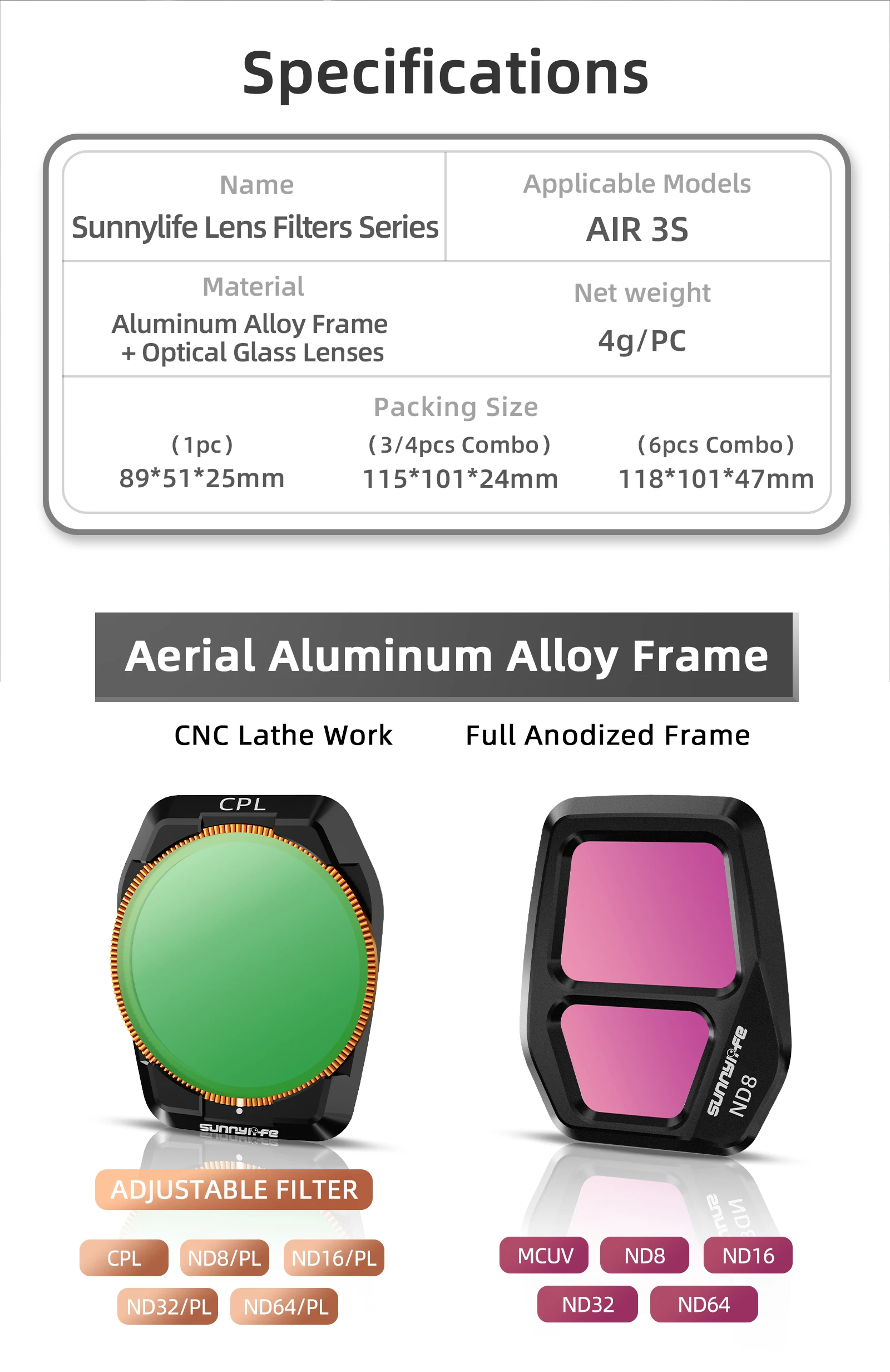 Description Picture 3 of itemLens Filter For DJI AIR 3S Gimbal Camera Protector Aluminium Alloy Frame Adjustable MCUV/CPL/ND8/16/32/64PL Cover Accessories
