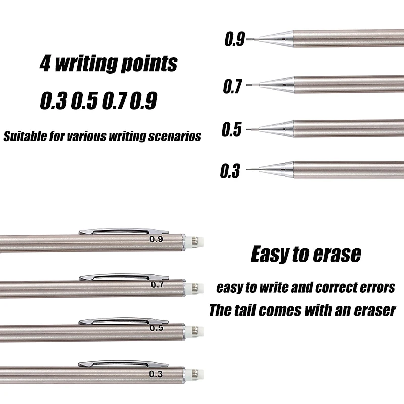 0.3 0.5 0.7 0.9mm Metal Automatic Pencil with Eraser HB Lead Stainless Steel Silver Office Art Supplies Drawing Stationery 3
