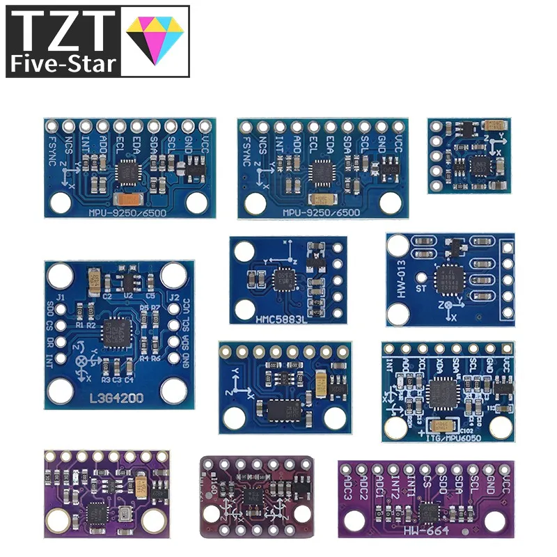 MPU-6050 MPU-9250 BMI160 LSM303DLHC L3G4200D QMC5883L ADXL335 LIS3DSH 3-, 6- und 9-Achsen-Sensor für Lagebestimmung +Gyroskop +Beschleunigungsmesser +Magnetometer