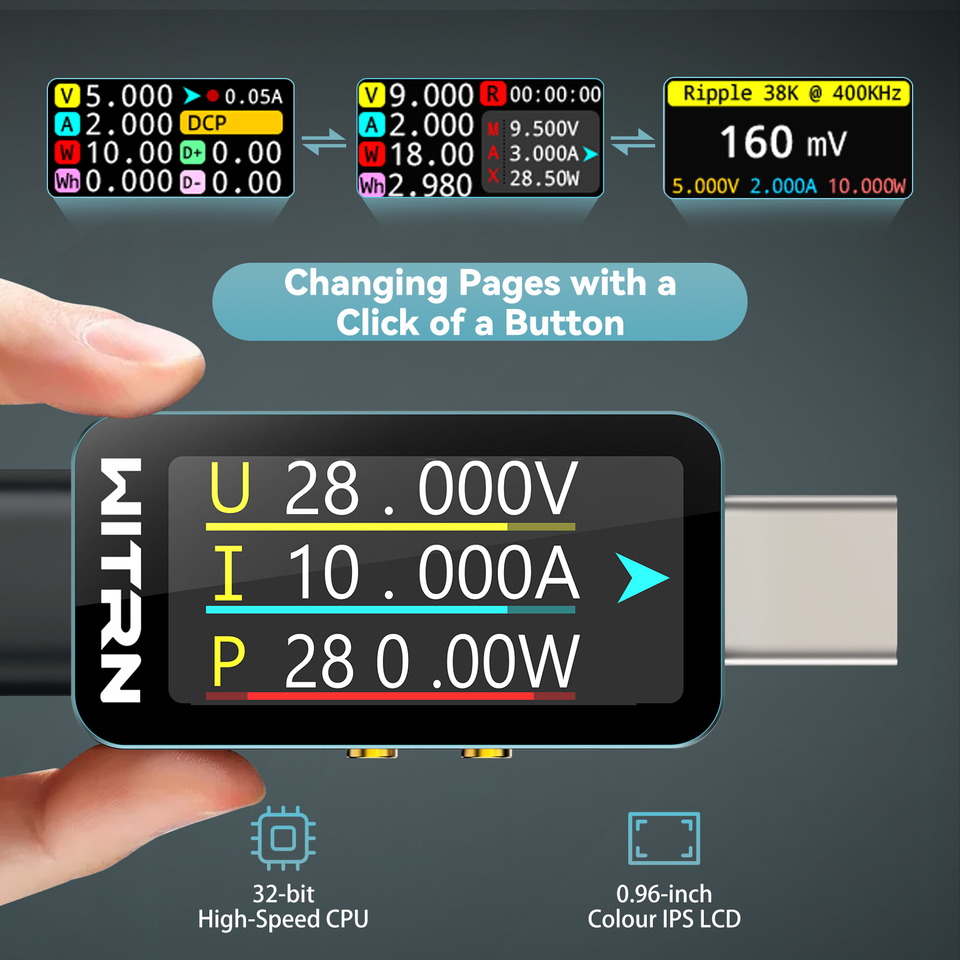 New Multi-function Power Meter 0.96inch Color IPS LCD Digital Display DC4-28V Voltage Current Meter Type-C Phone Charging Tester