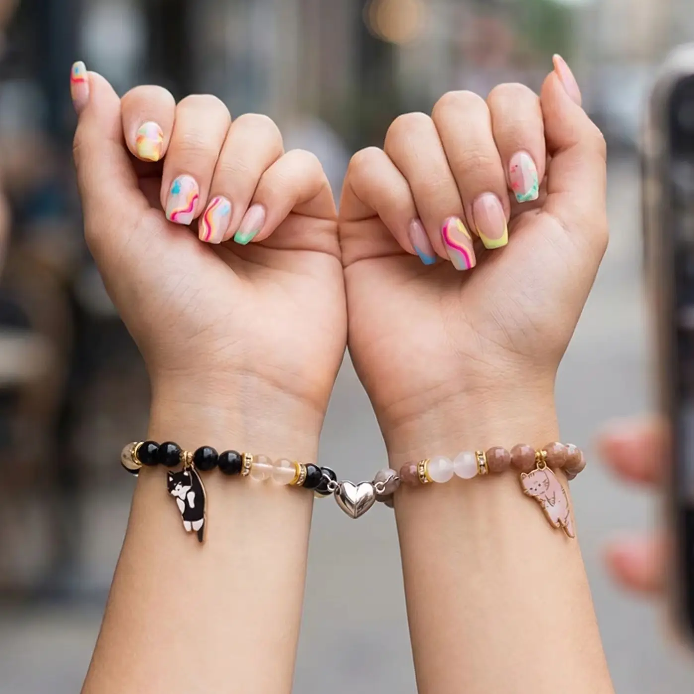Passende magnetische Paar-Armbänder für Liebhaber, süßer Katzen-Anhänger, Freundschaftsschmuck, Naturstein-Perlen-Armreifen, Valentinstagsgeschenk