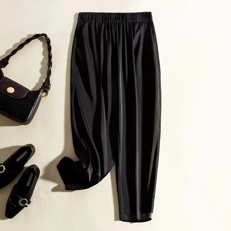 Simple Summer Solid Color Women's High Waist Loose Pocket Silk Smooth Wrinkle Resistant Straight Leg Nine Split Wide Leg Pants