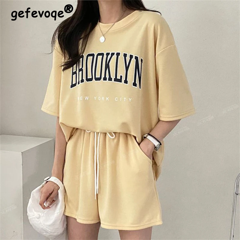 Two Piece Set for Women 2024 Summer Trendy Letter Print Oversized Short Sleeve T-shirt Casual Sports Joggers Beach Shorts Outfit