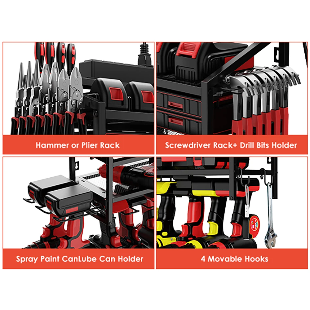 FZCSPEEDPower Tool Organizer Wall Mounted with Charging Station, 4 Tiers Storage Racks, 6 Drill Bit Storage Slot Racks
