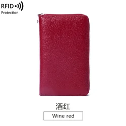 RFID Anti - Theft Cowhide Leather Wallet - Premium Long Passbook Clutch with Large Capacity (Wine red)