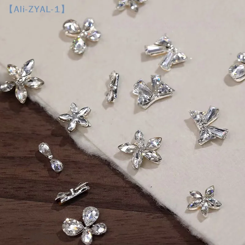 【ZYAL-1】10개 반짝이는 지르콘 네일 아트 라인스톤 장식 리본 꽃 네일 보석 플랫백 네일 아트 공예 DIY 장식
