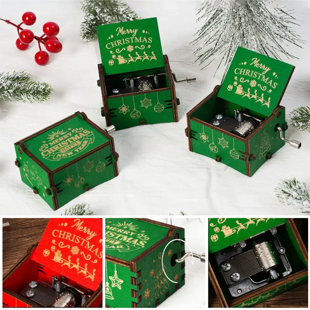 Jingle Bells Music Box Color Printing Wooden Carved Hand Crank Musical Box Birthday Present New Year Christmas Gift