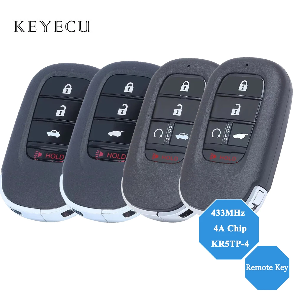 Keyecu For Honda Accord CR-V HRV Pilot Civic Smart Remote Car Key Fob 433MHz With 4A Chip FCC ID: KR5TP-4