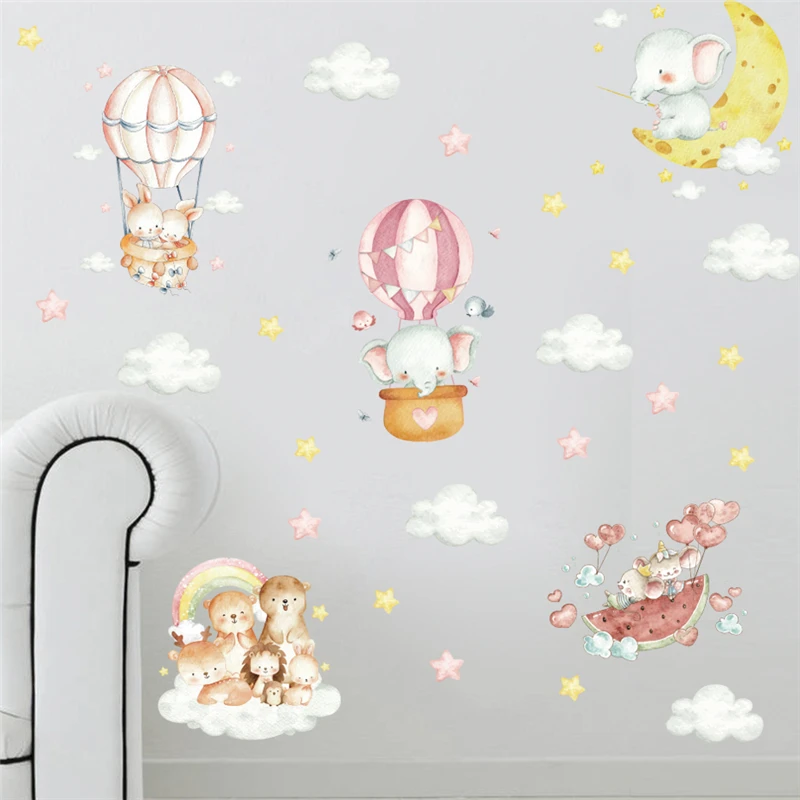

Cute Animals Travelling On Balloon Wall Stickers For Home Decoration Elephant Lion Rabbit Safari Mural Art Kids Decal Pvc Poster
