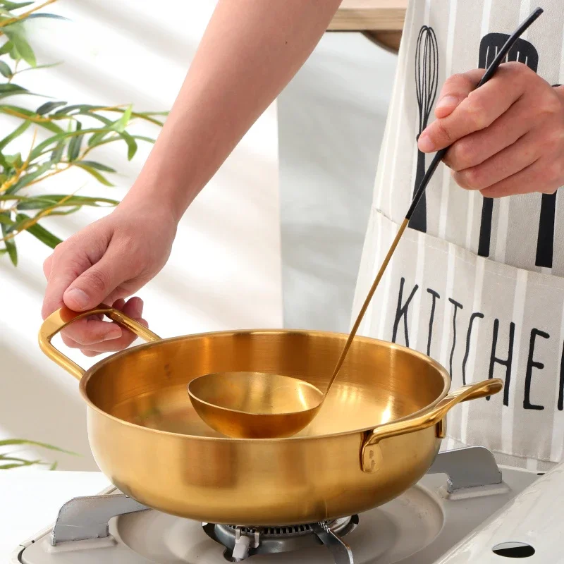 Stainless Steel Korean-Style Seafood Double-Handled Pot, Flat-Bottomed for Home Use, Mini Double, Golden, Compact Soup cookware