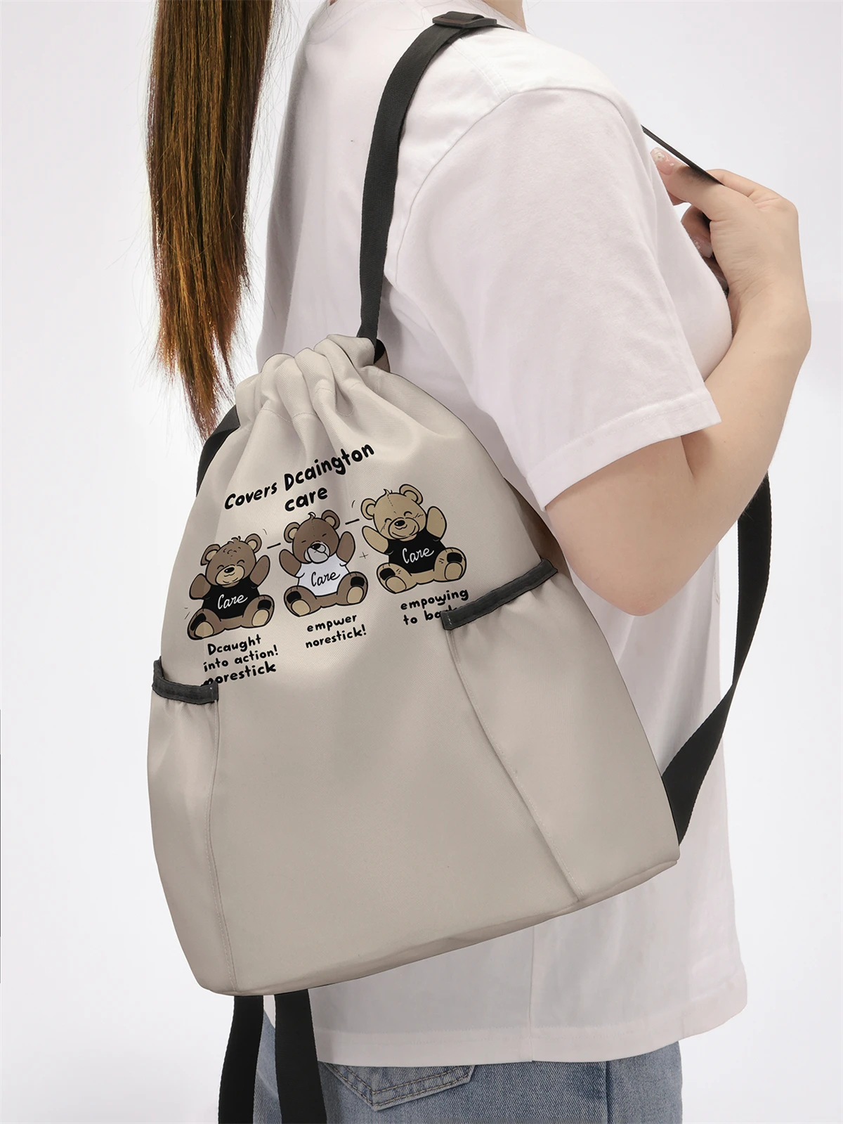 Cartoon Bear Pattern Drawstring Backpack - Large Capacity Durable Fitness Bag, Adjustable Shoulder Straps, Sports Beach Backpack