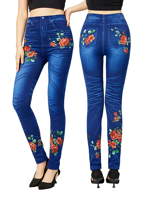 Cuhakci New Blue Faux Jeans Women Floral Printing Leggings Slim Fit Elegant Pencil Pants Plus Size.jpg