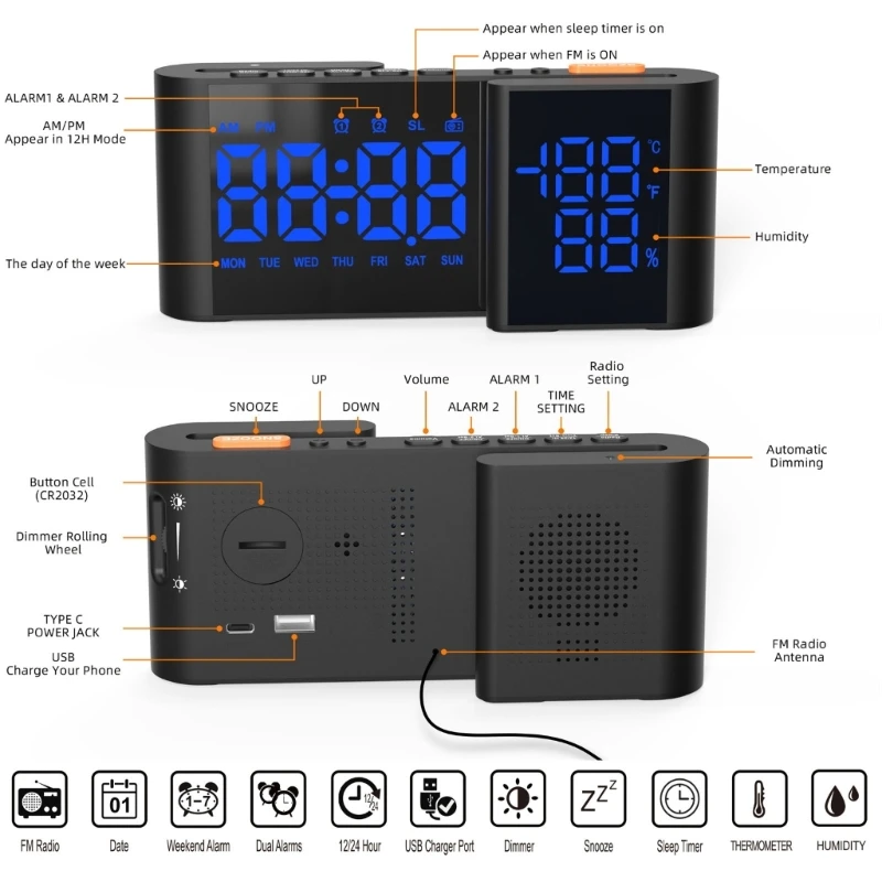 Functional Digital Alarm Clock With Alarms And Full Date Time And Temperature Display Functionality Home Table Clock 4