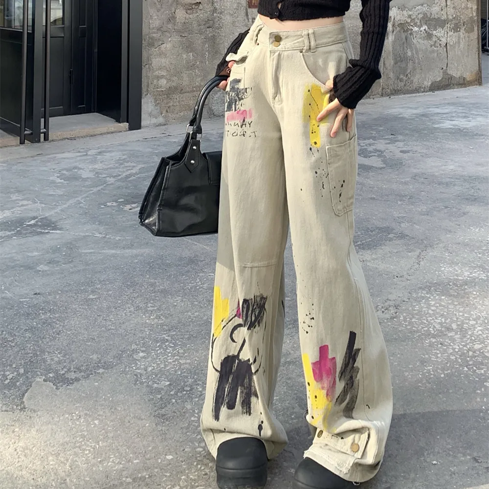 

Women Graffiti print Design Jeans Vintage High Waisted Cool Girl Pants Female Straight Wide Leg Denim Trousers Y2K Clothes 2024