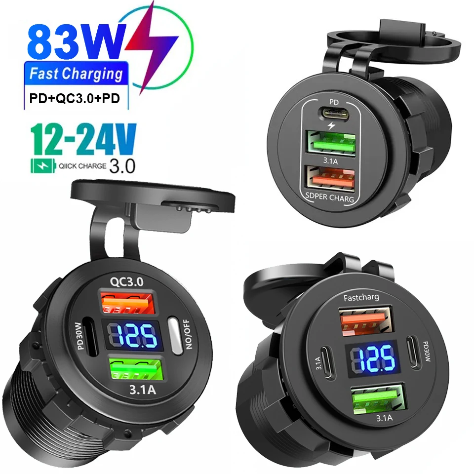새로운 자동차 USB 충전기 PD3.0 & QC3.0 고속 충전 소켓(전압계 온/오프 스위치 포함) 12/24V 오토바이 보트 자동차 액세서리용