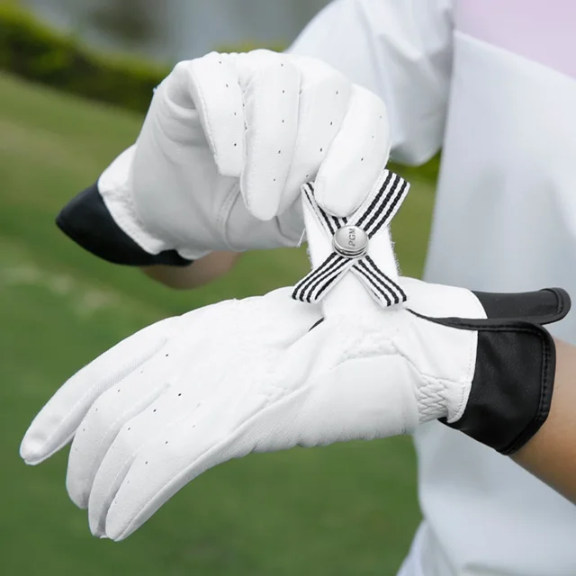 1 Pair Women Lambskin Leather Golf Gloves with Mark Ladies Breathable Open Finger Mittens Right and Left Hand Sport Gloves 5