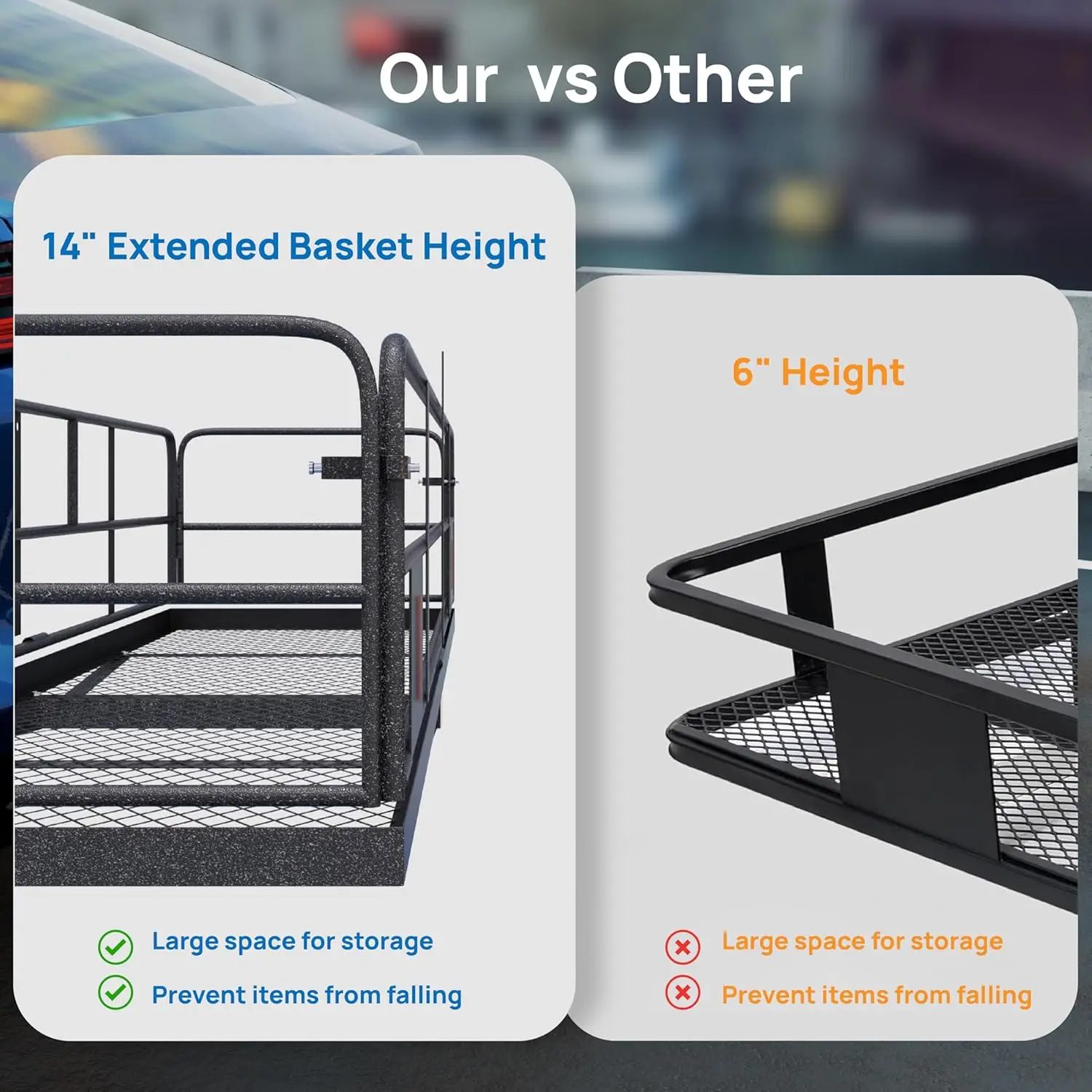 60"x24"x14"Folding Hitch Mount Cargo Carrier Basket,Upgraded 14"Height500lbs Steel Car Hitch Luggage Rack with Straps&Stabilizer