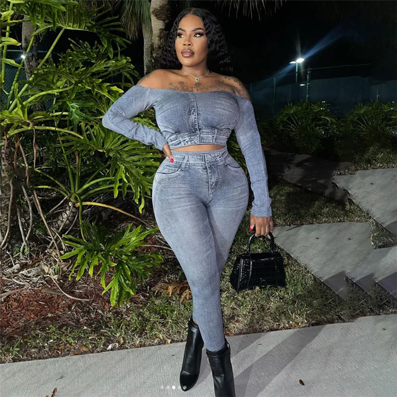 

Woman 2pcs Pants Suit Solid Jeans Color Long Sleeve Off Shoulder Crop T-Shirt+Tight Pencil 2 Piece Pant Set Tracksuit