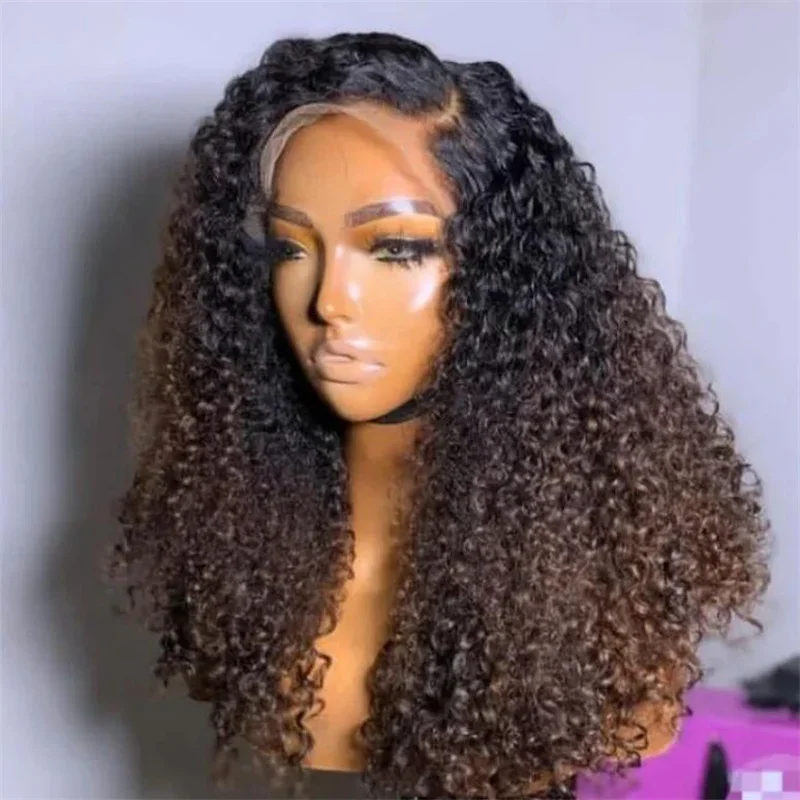 

Ombre Brown PrePlucked Natural 26" 180 Density Kinky Curly Lace Front Wig For Black Women With Baby Hair Lace Frontal Wigs Daily