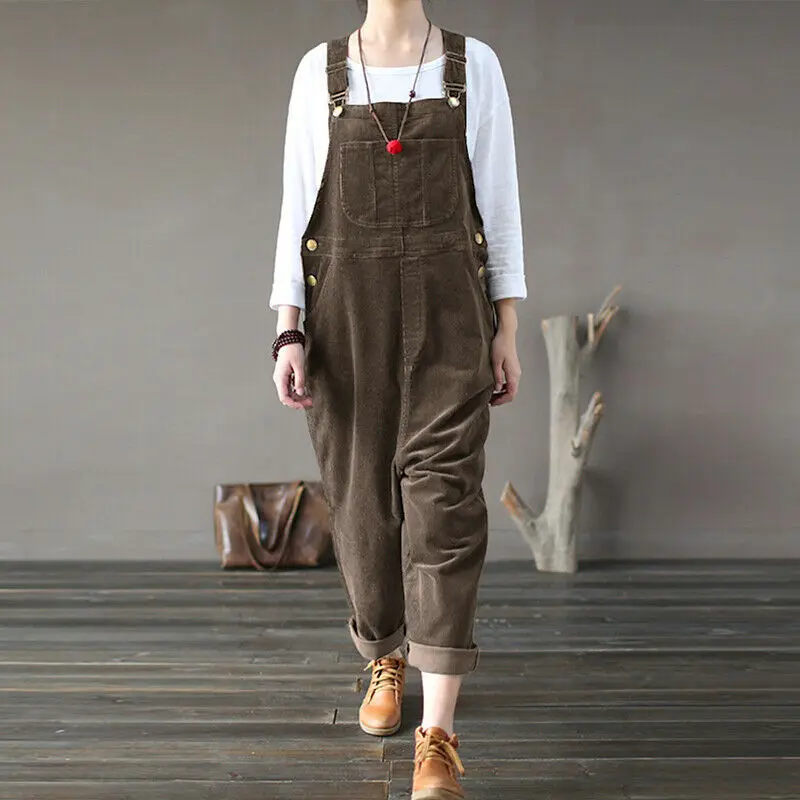 

Women's Corduroy Long Back Pants Fashion Solid Color Suspenders Work Pants Casual Multi-pocket Sports Jumpsuit Streetwear