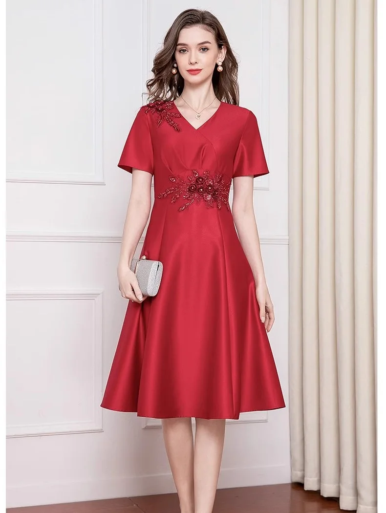 

High Quality Brand New Dress 2024 Spring Summer Party Event Women V-Neck Appliques Embroidery Pink Red Dress 2xl 3xl Female 50s