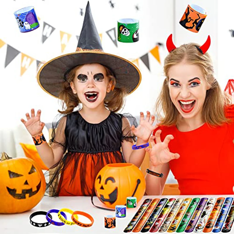 Party Toys Toy Gift Filler 12/24/48pcs Halloween Slap Bracelets Spider Pumpkin Print Wristbands Halloween Party Favors Toys for Kids Gifts Xmas