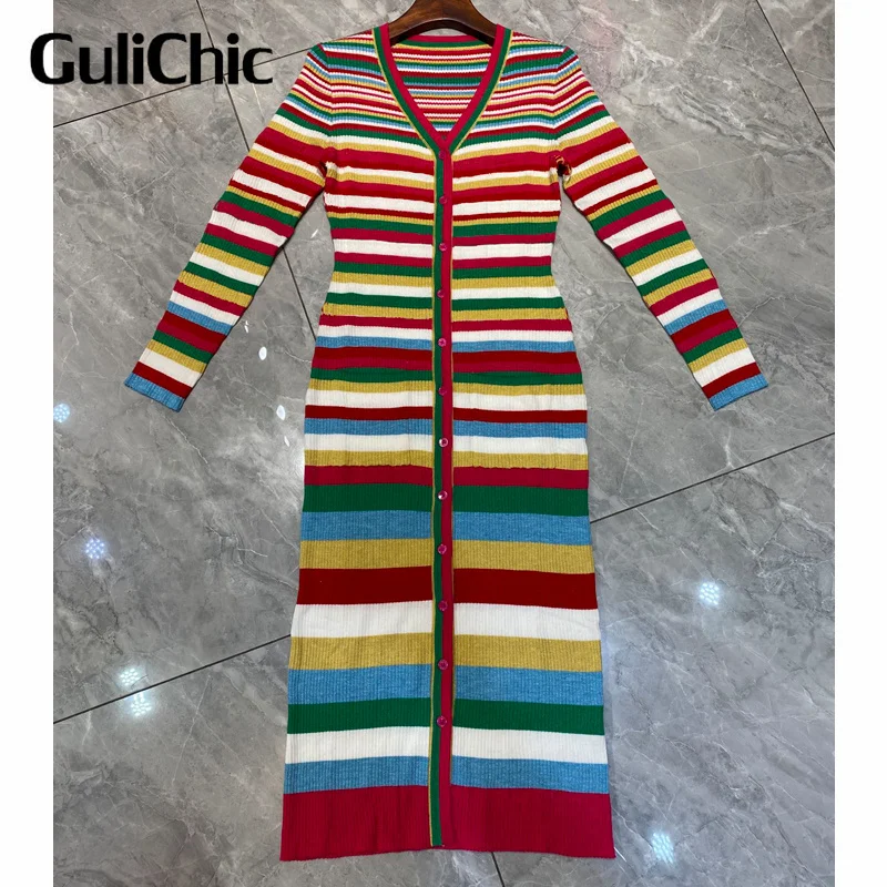 

8.27 GuliChic Women Fashion V-Neck Single Breasted Long Sleeve Colorful Striped Sheath Knitted Dress